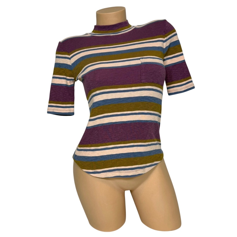 Madewell Women's XS Mock Neck Short Sleeve Striped Pocket Top Purple Olive Blue